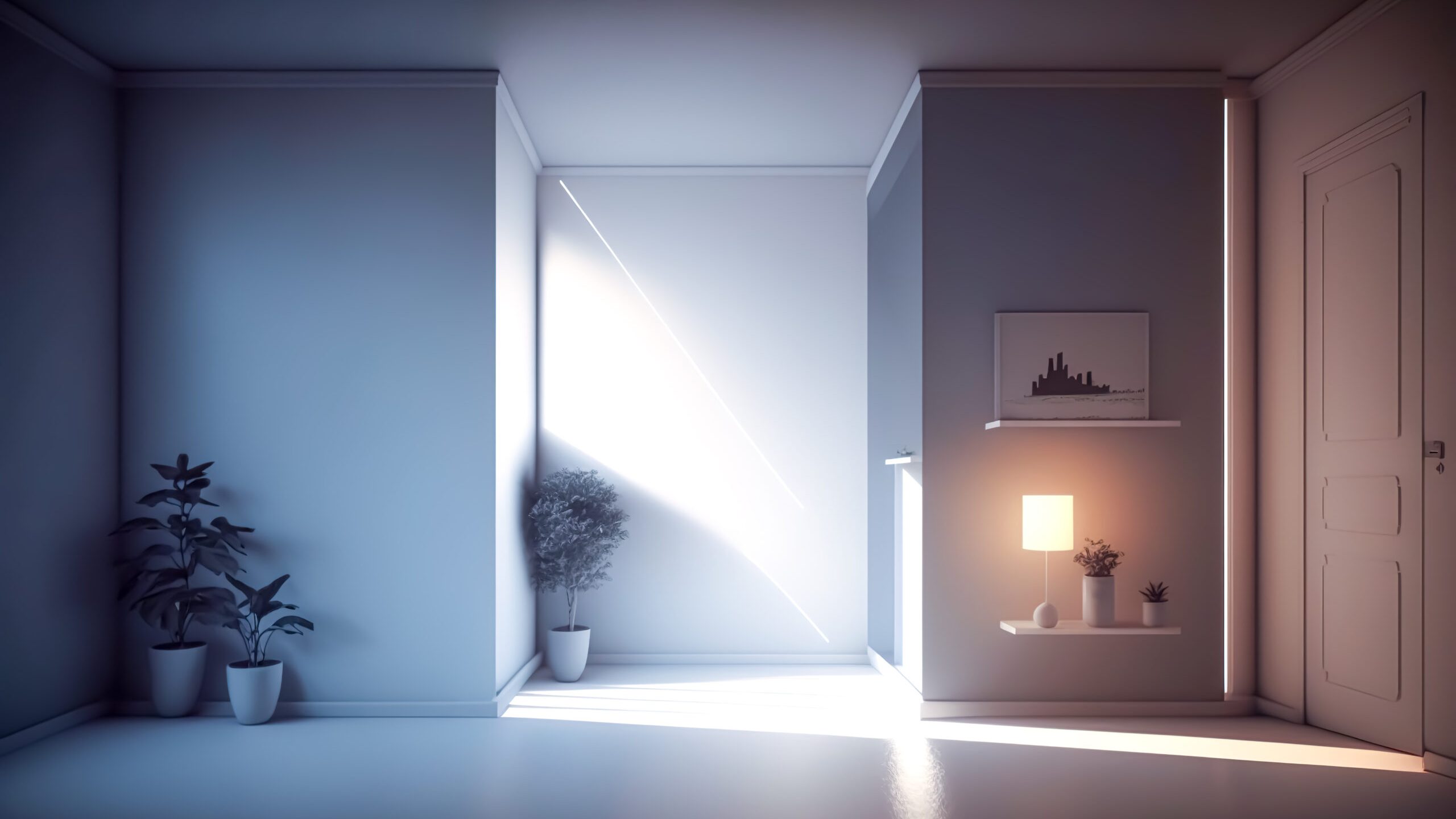 Room interior with ray of sun on the wall, morning concept.